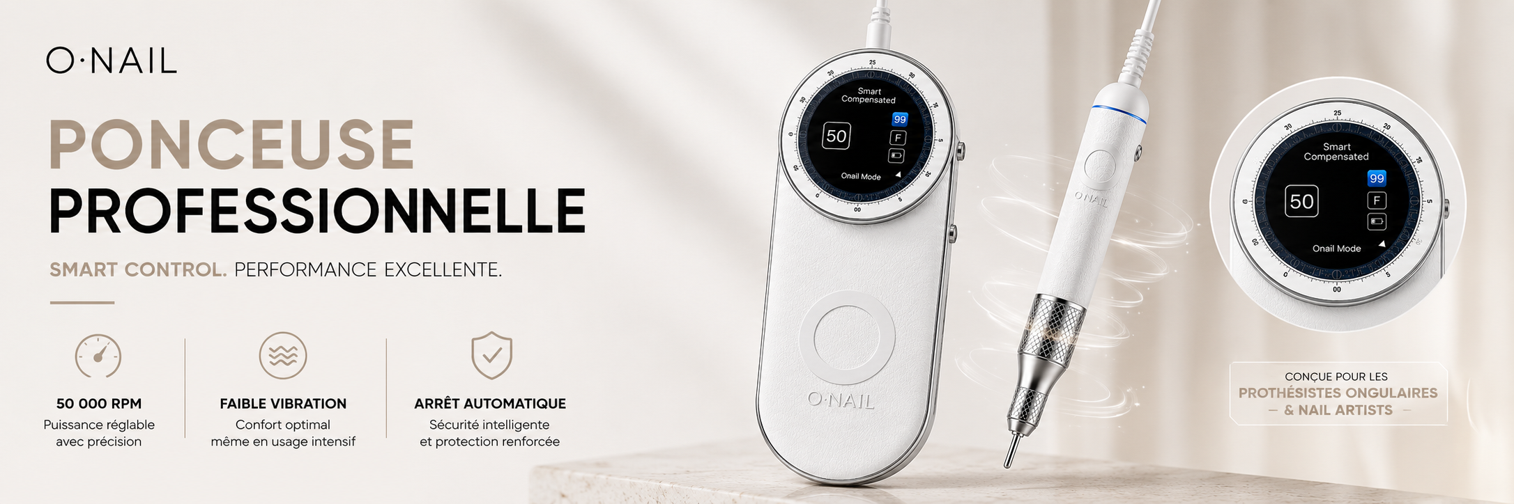 ONAIL - Ponceuse professionnelle pour prothésistes ongulaires avec Smart Control, 50 000 RPM, faible vibration et arrêt automatique